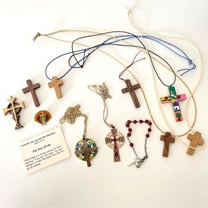 Vintage lot of religious jewelry necklaces pendants TSG wooden bracelet pin